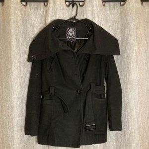 Black womens hooded belted coat with large pockets